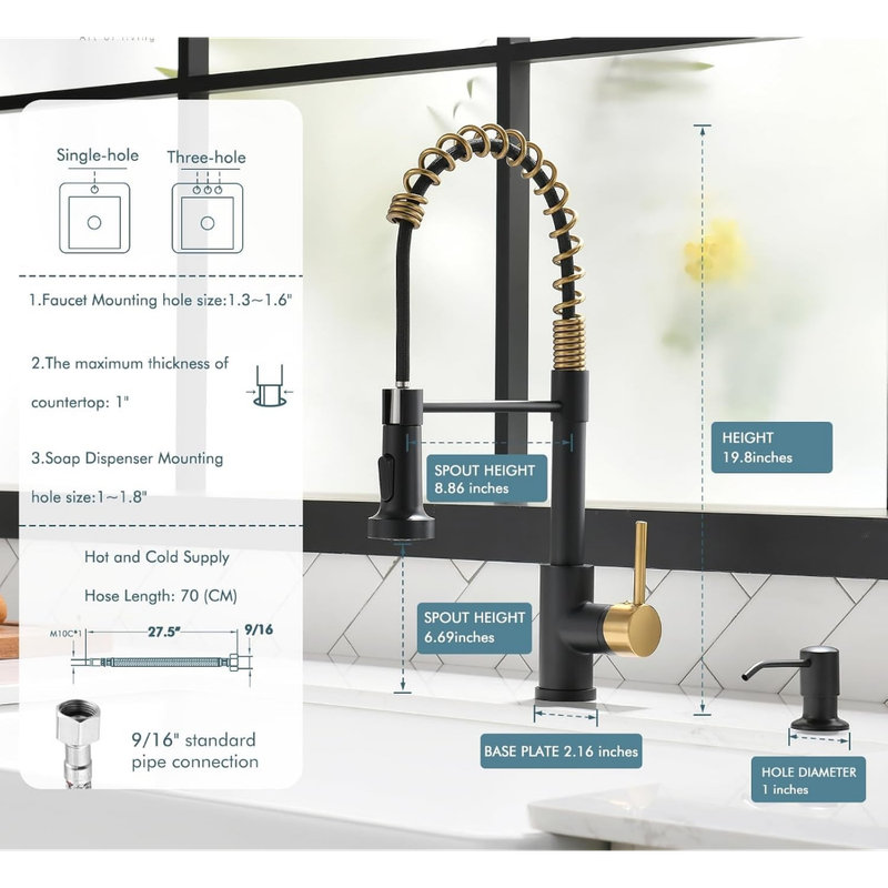 Kitchen Faucet with Soap Dispenser, Commercial Single Handle Spring Pull Out Kitchen Sink Faucets with Pull Down Sprayer
