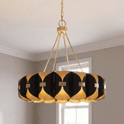Lustre 16 lumières en cachemire noir et or véritable Pelham