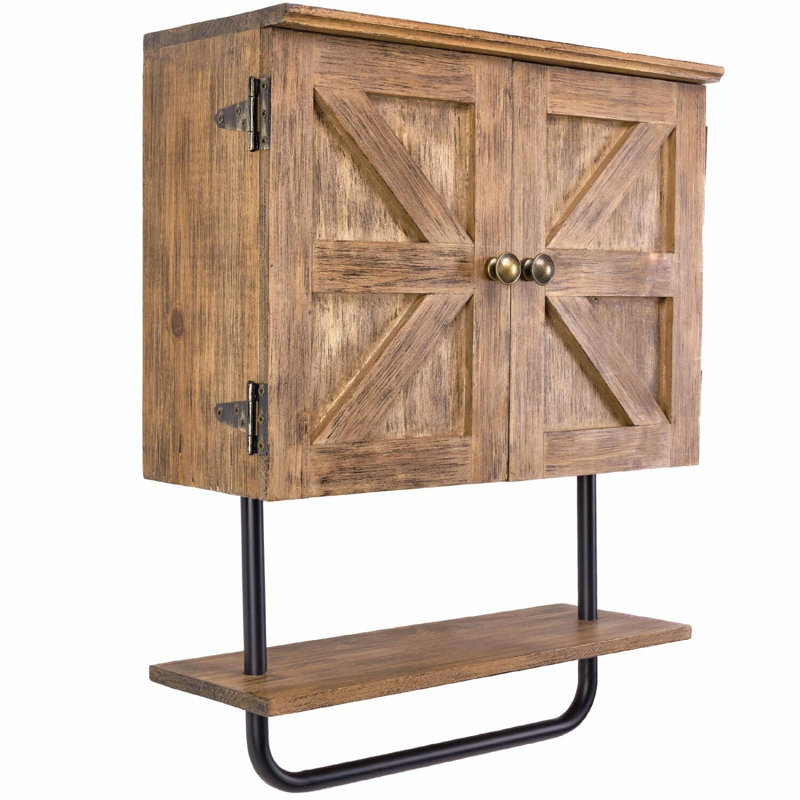 RusticSpace Barndoor Bathroom Wall Cabinet with Adjustable Shelf and Towel Bar - Space Saver Storage Solution for Kitchen and Medicine Essentials, Brown