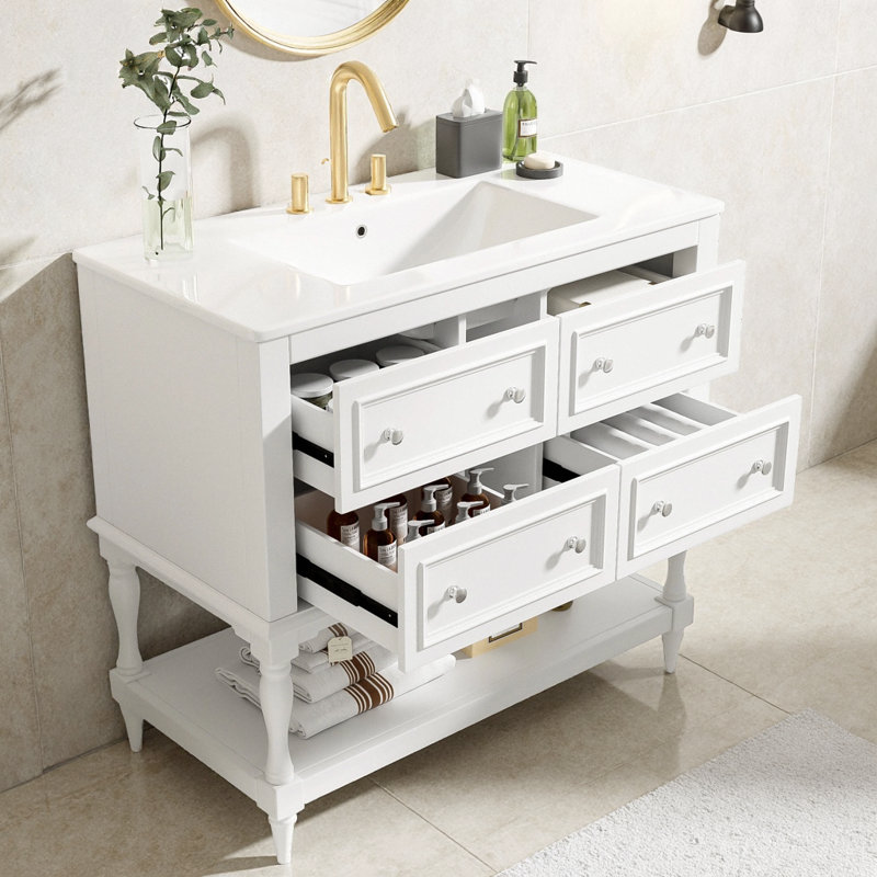 Meuble-lavabo 36 po avec lavabo sous-comptoir en céramique, 4 tiroirs d'extension et grande tablette de rangement, structure en bois d'hévéa massif, capacité de 300 lb, neutre moderne, prêt pour robinet central de 4 po