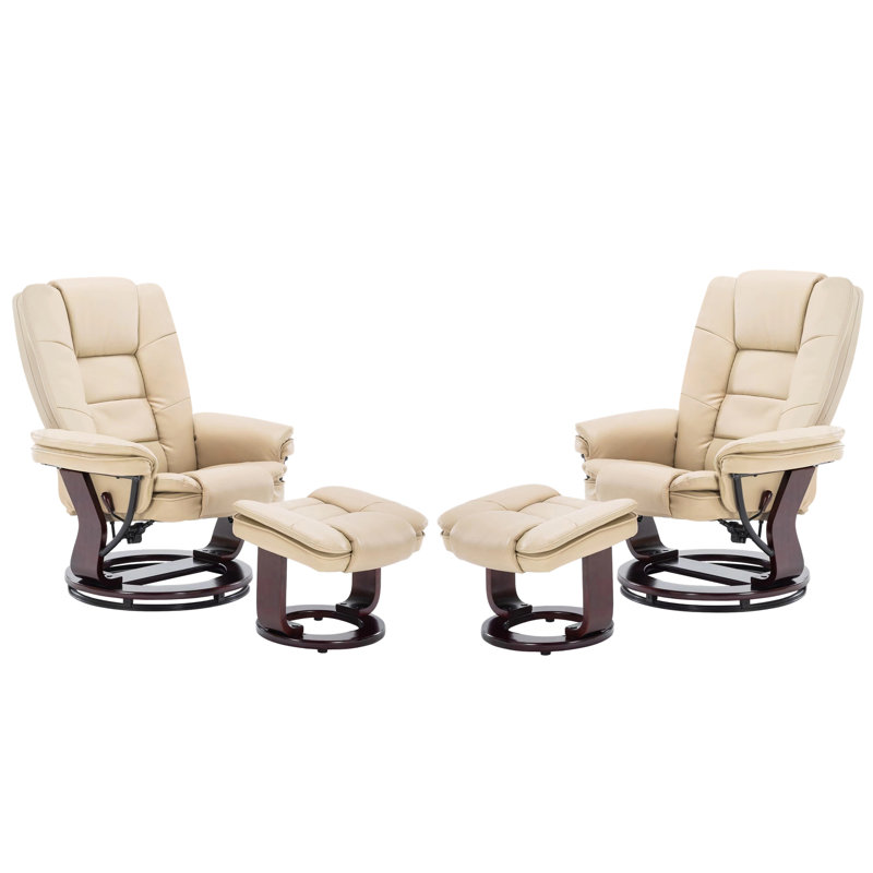 32" Contemporary Leather Recliner Lounge Chair With Ottoman Solid Wood Base Accent Chair-Set Of 2, Beige