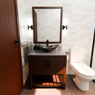 Meuble-lavabo de 30 po avec comptoir en quartz moka, lavabo en porcelaine, quincaillerie noir mat