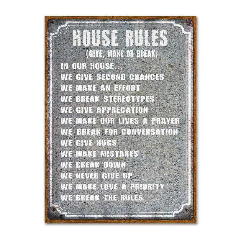 « house rules », art textuel sur toile tendue, H 19 po x l 14 po