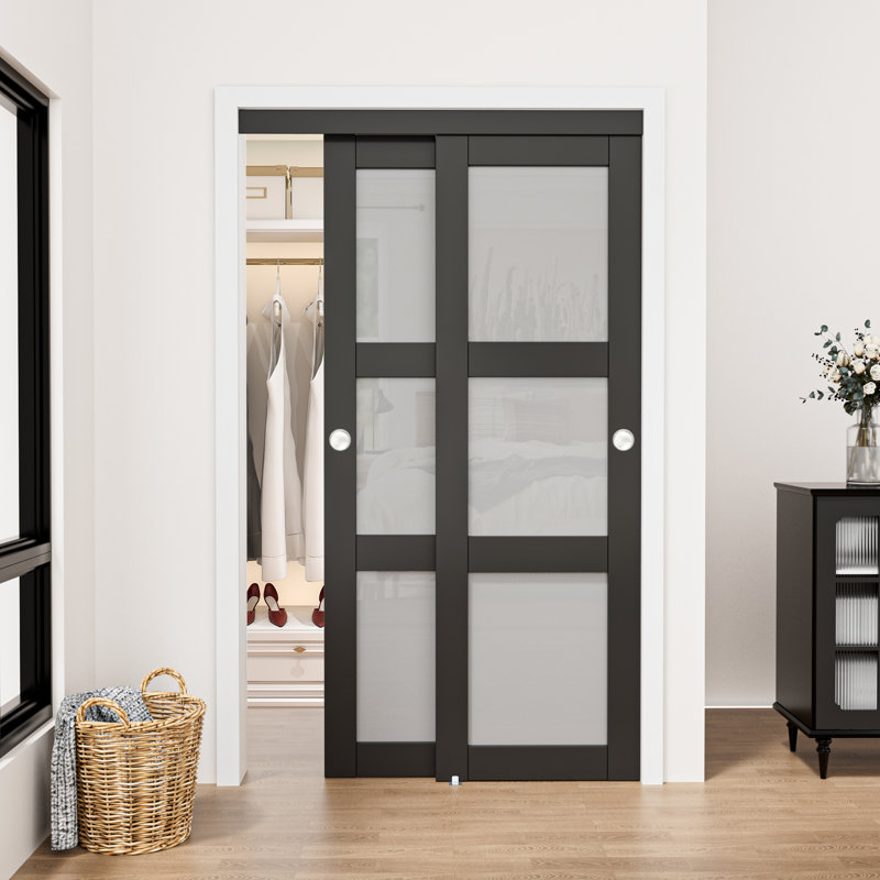 Porte coulissante 80 po avec garde-corps en verre givré noir avec ensemble de quincaillerie tout compris, 48" x 80"
