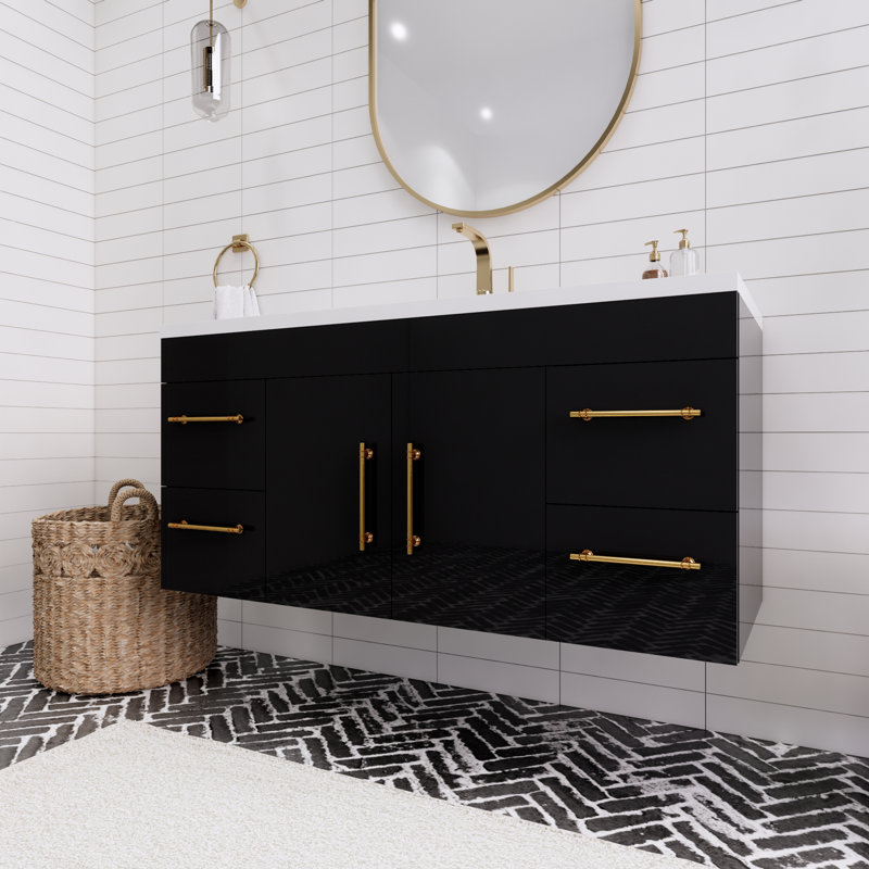 Ensemble de meuble-lavabo simple mural 48 po Spring, Noir brillant
