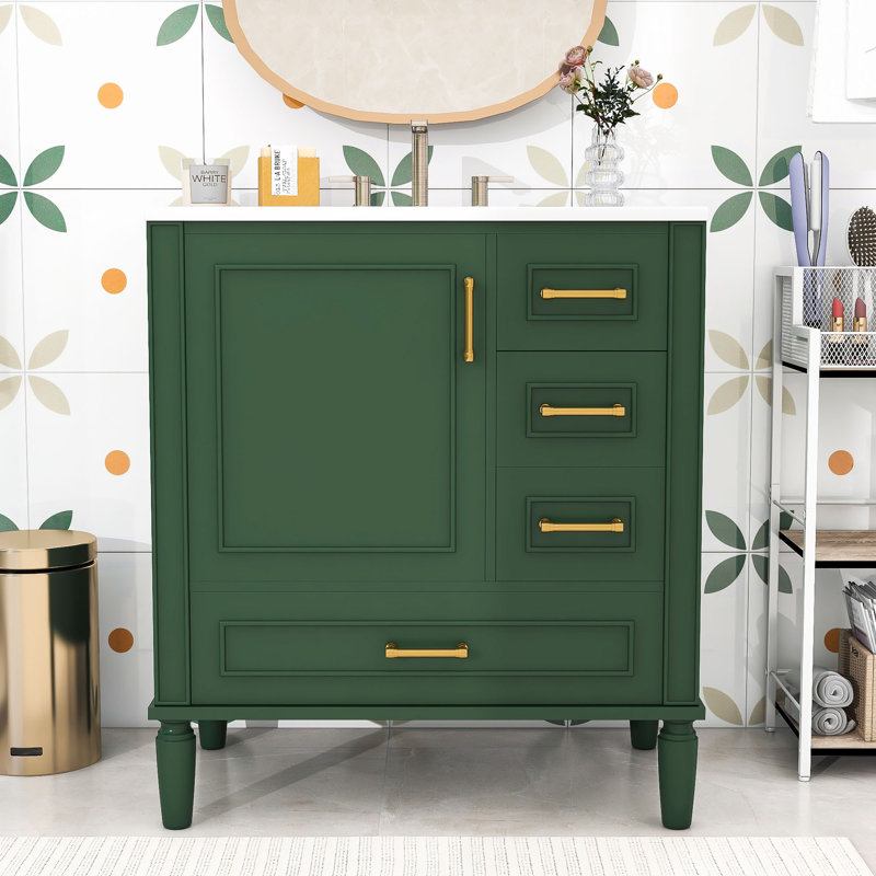 Meuble-lavabo simple autoportant en bois Fetush Modern avec lavabo en céramique et grand rangement, Vert