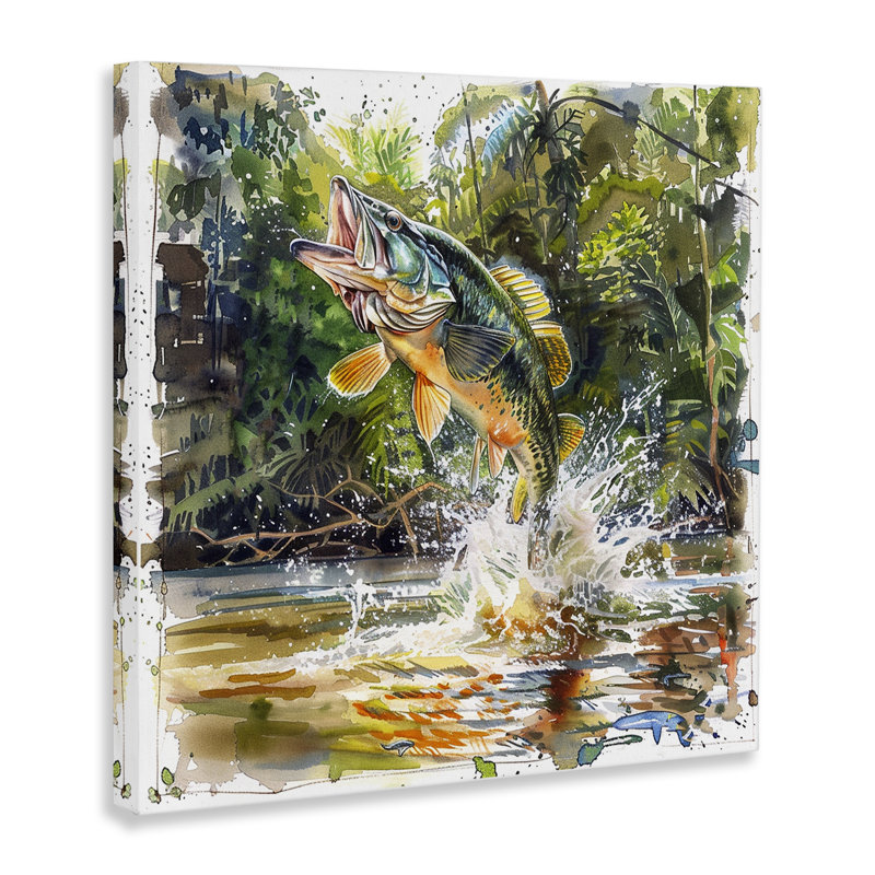 Jumping Bass Fish Canvas Wall Art by LSR Design Studio, 24" H x 24" W