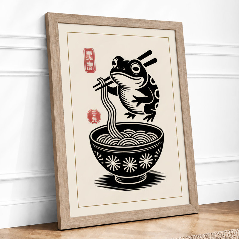 Frog With Noodles Japandi - Print, Oak, A3 - 42.0 x 29.7 cm