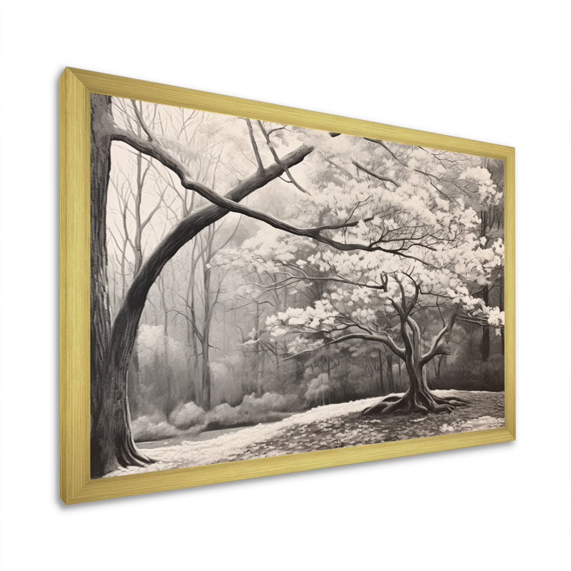 Cornouiller blanc et gris en hiver - art mural floral grand, H 12 po x l 20 po x P 1 po, Cadre doré à une seule photo