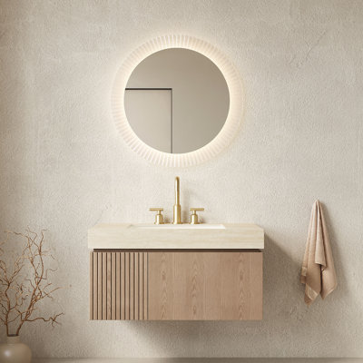 Meuble-lavabo et lavabo 36 po, armoire de rangement flottante en contreplaqué avec tiroir et porte, comptoir en pierre frittée Roma Travertine et lavabo en céramique avec 3 trous de robinet pré-percés, pré-assemblé
