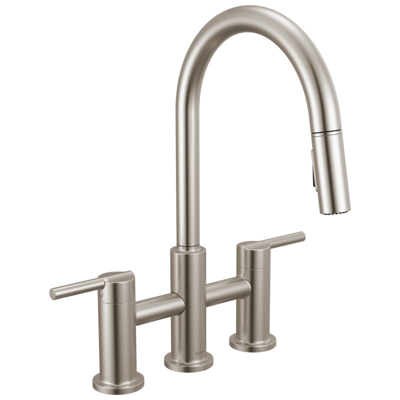 Nicoli Brushed Nickel Kitchen Faucet with Pull Down Sprayer, Bridge Modern Kitchen Sink Faucet, Two-Handle, Stainless Steel