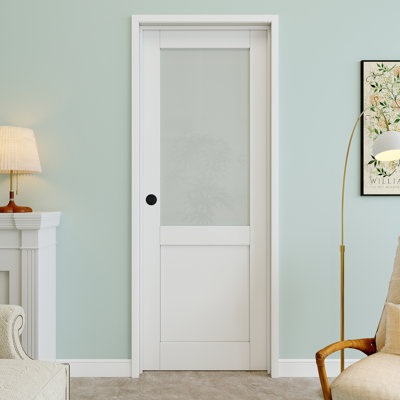 Porte pré-suspendue intérieure en verre givré 30 po x 80 po avec bouton rond et charnières argentées, panneau de porte d'intimité en verre, peint et imperméable, combinaison pour la lessive, portes de placard, portes de pièce, droite