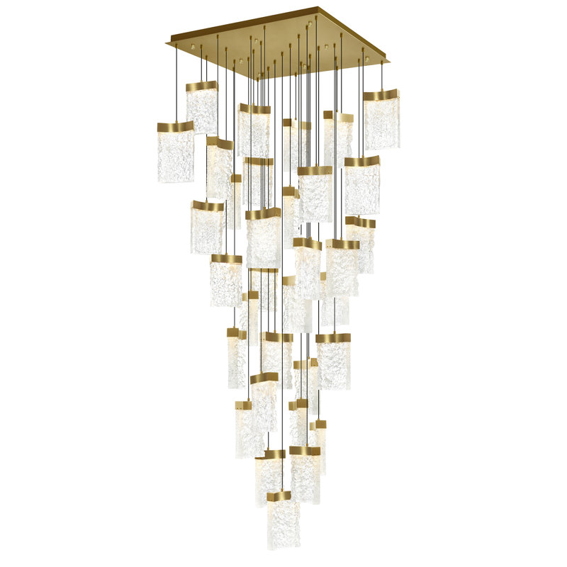 Integrated LED 36" Brass Modern Chandelier with Handmade Textured Glass for Dining Room Foyer Bedroom Living Room, Brass
