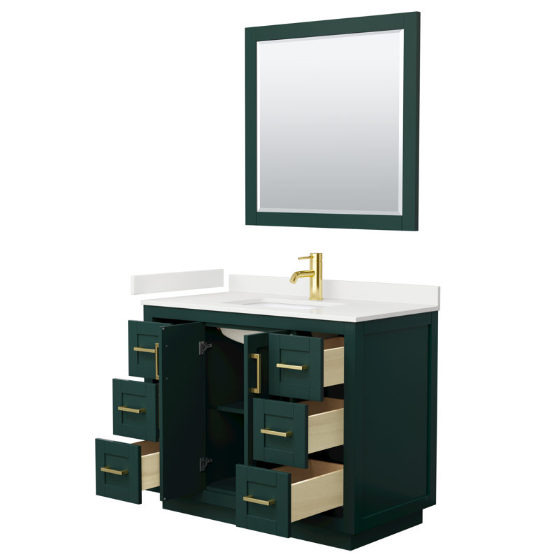 Miranda 42" Freestanding Single Bathroom Vanity with Quartz Top with 34" Mirror, White Quartz, Green, Brushed Gold