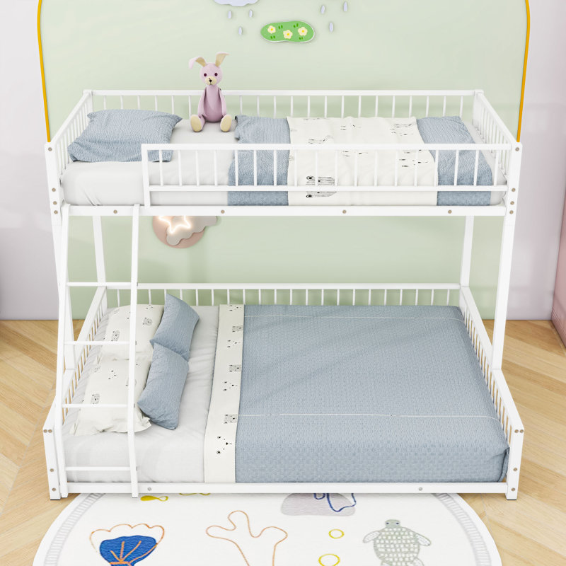 Metal Bunk Bed With Ladder And Guardrails, Twin XL over Queen, White