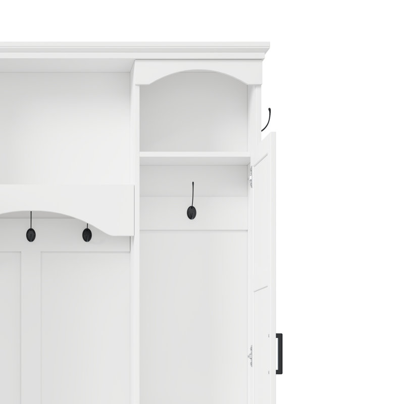 Modern Farmhouse Hall Tree with Storage Bench, Arched Mudroom Organizer, 7 Hooks & Side Cabinets, White