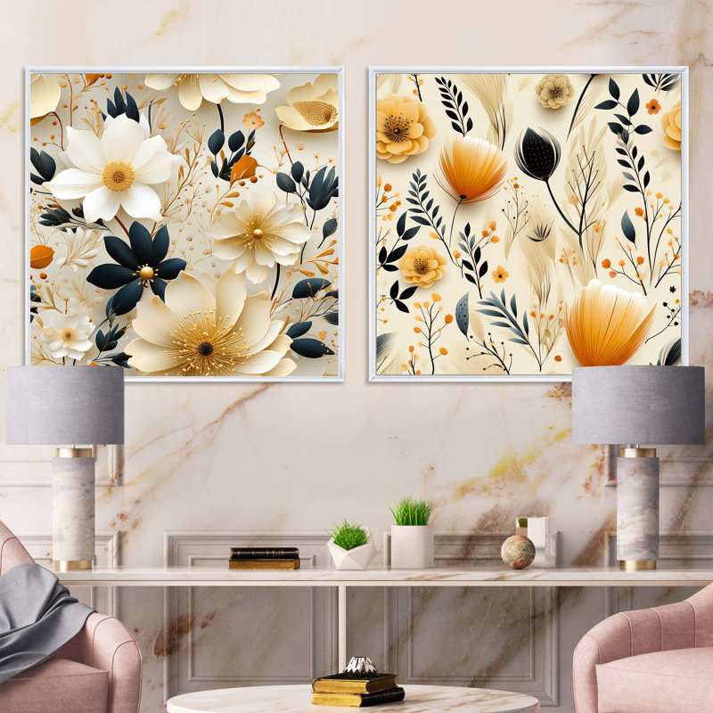 Balsamine - ensemble de 2 collages floraux carrés, Cadre flottant blanc, H 30 po x l 61 po