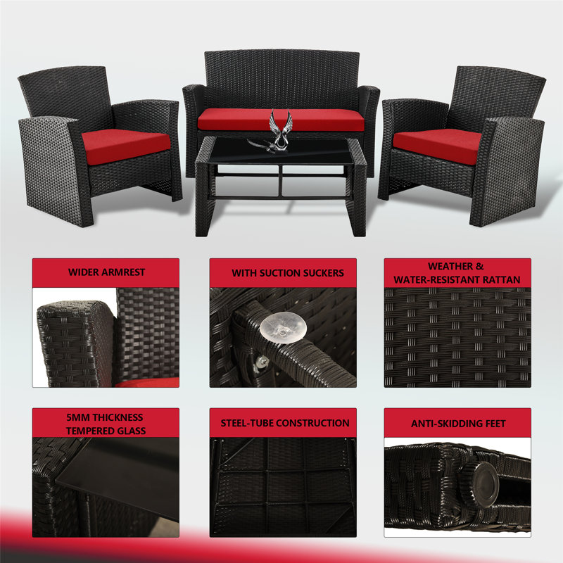 Ensemble de conversation en rotin avec coussins 4 pièces Hemmo, Rouge