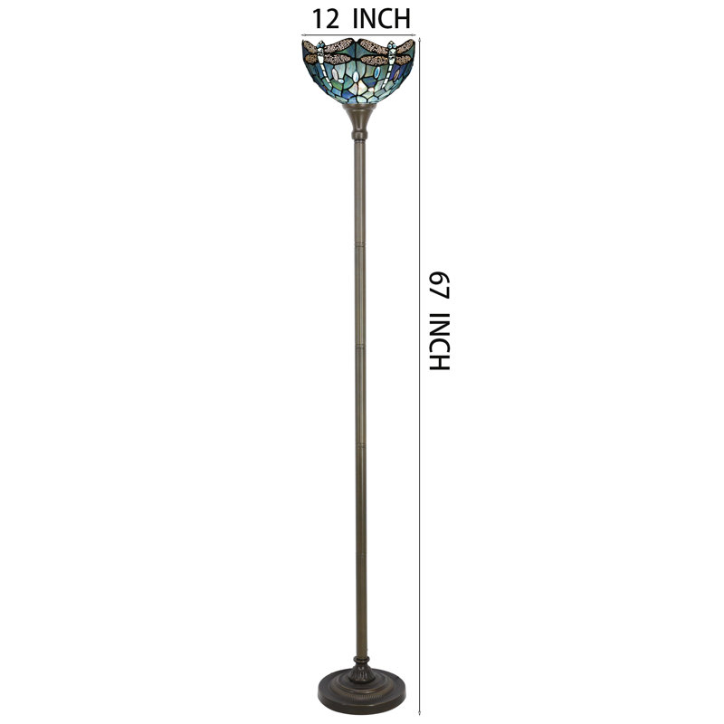 Tiffany Floor Lamp Torchiere Stained Glass Dragonfly Style Torch Lamp 12X12X67 Inch Antique Standing Corner Light, Dark Blue