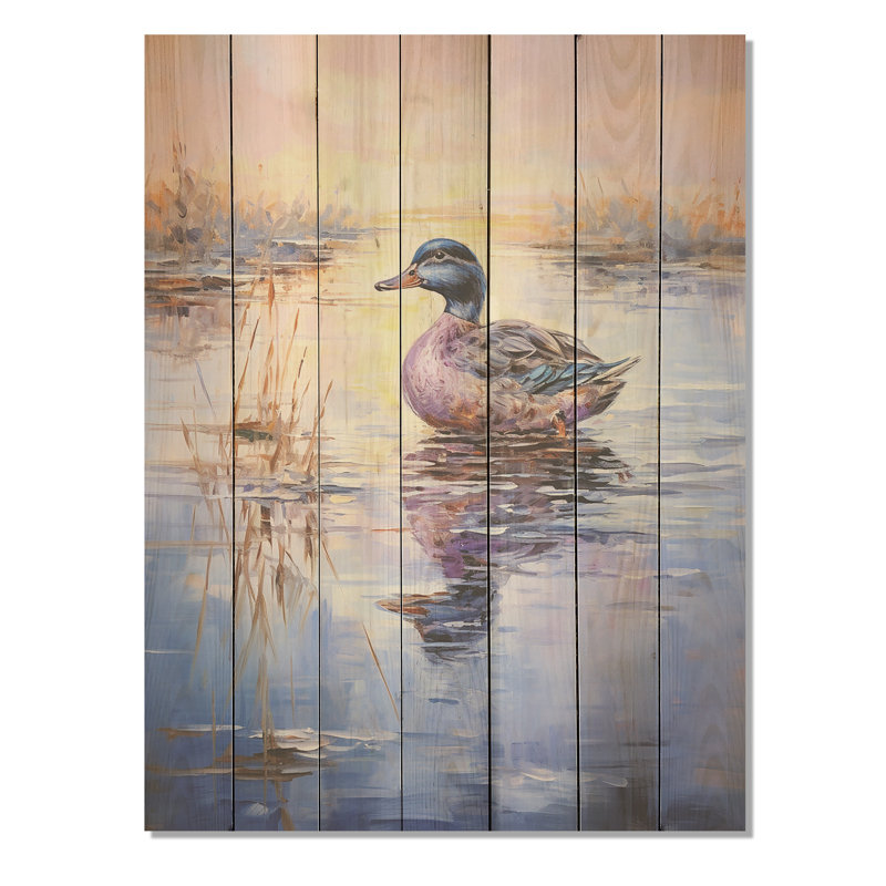 «Twilight Duck At The Lake I» - animal canard sur bois, H 40 po x l 30 po