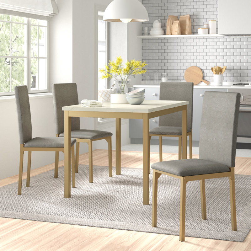 Mizell 4 - Person Four Leg Dining Set, White/Gold Table with Gray/Gold chair