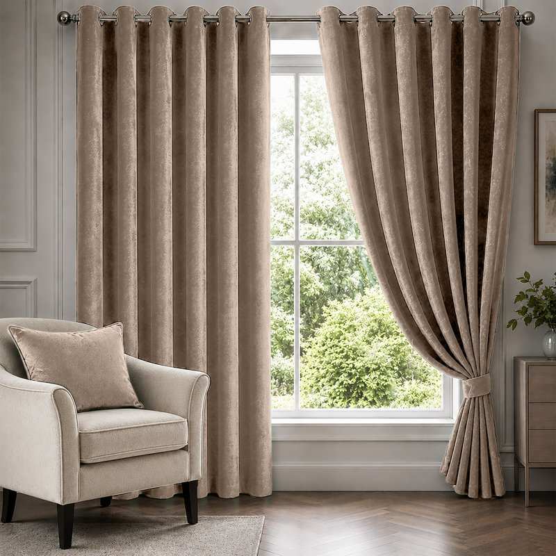 Beige Velvet Eyelet Curtains Room Darkening Window Panels Soft Touch Pair, 168 cm X 228 cm