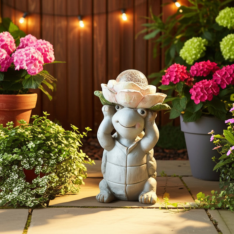 Garden Statuary Magnesia Turtle Design With Flower Cap And Crackled Glass Globe Light For Home Garden Use - 15" Gray