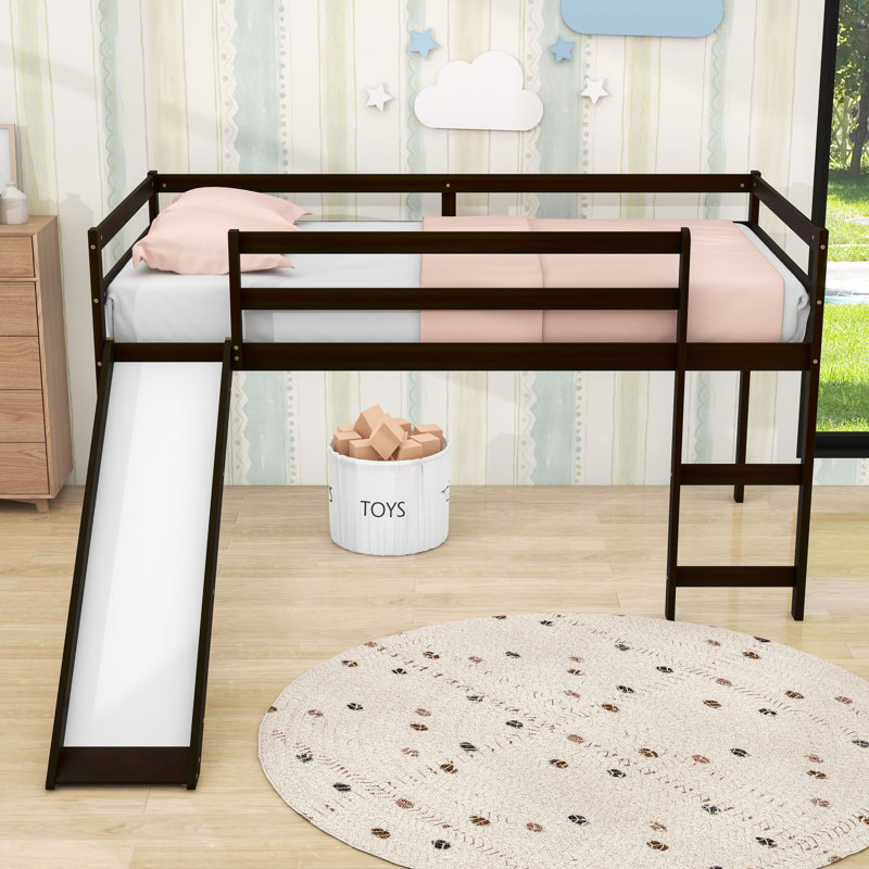 Wood Twin Size Loft Bed With Ladder And Slide, Espresso