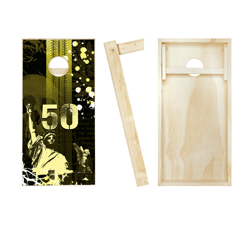 Ensemble de cornhole en bois massif 2 'x 4' Urban Grunge avec sacs, Rouge / jaune