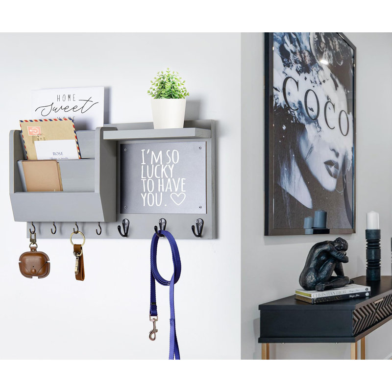 Porte-clés mural, organisateur de support de courrier avec tablette, Gris