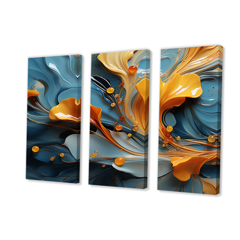 «Modern Orange Leaves Floating On Tender Blue Wave - Abstract Shape», reproduction d'art sur toile