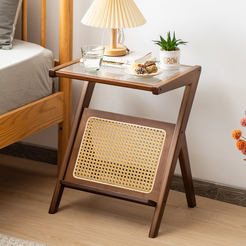 Adale Glass Top End Table Set, Walnut