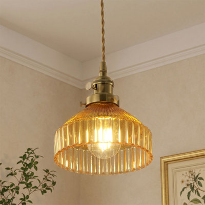 Luminaire suspendu moderne en laiton poli 1 lumière avec abat-jour en verre ambré, chaîne réglable de 59,06 po