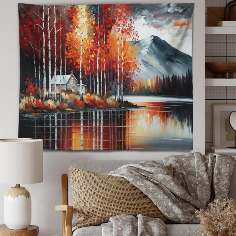 Cabin By The Lake In Autumn II Polyester Tapestry, 32" H x 39" W