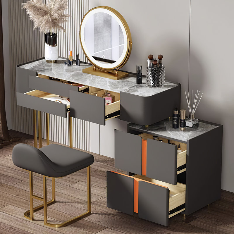 31.49" Makeup Vanity Set, Slate Top, Solid Wood Drawers, And Dimmable Led Mirror