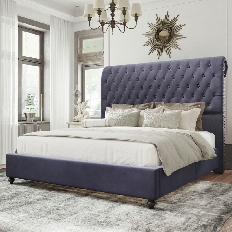 Alhaji Upholstered Wingback Bed, Queen, Silver Gray