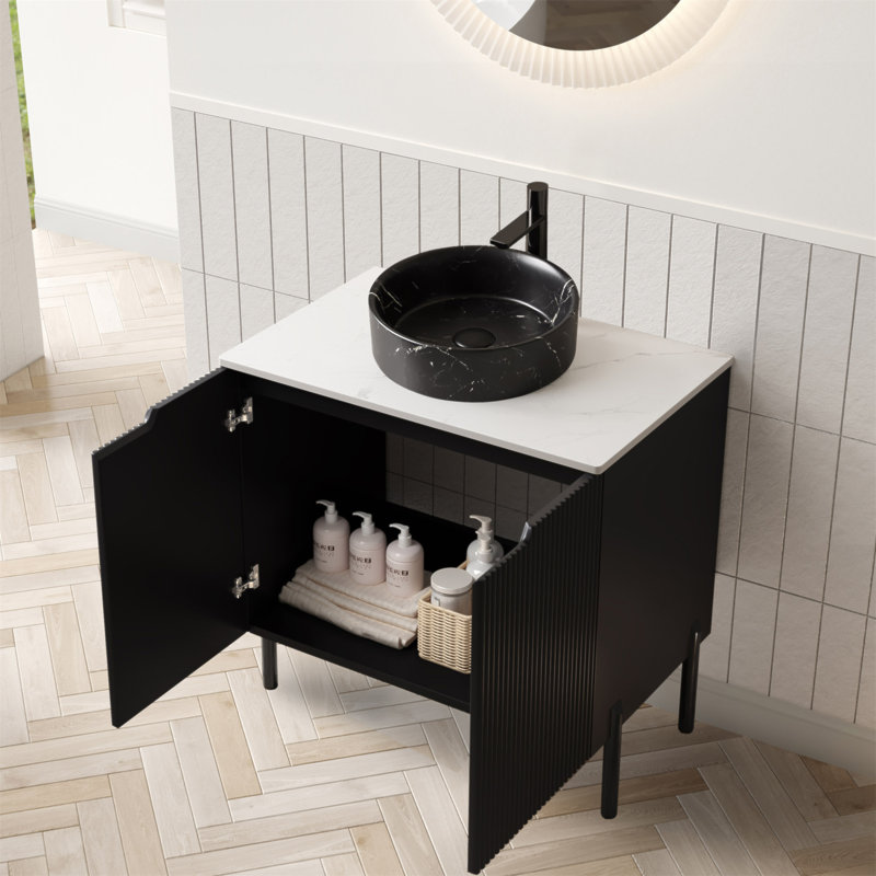 Meuble-lavabo de salle de bain 24 po avec lavabo, meuble-lavabo de salle de bain autoportant avec 2 portes rondes en céramique avec motif en pierre et comptoir en bois fritté blanc Carrara