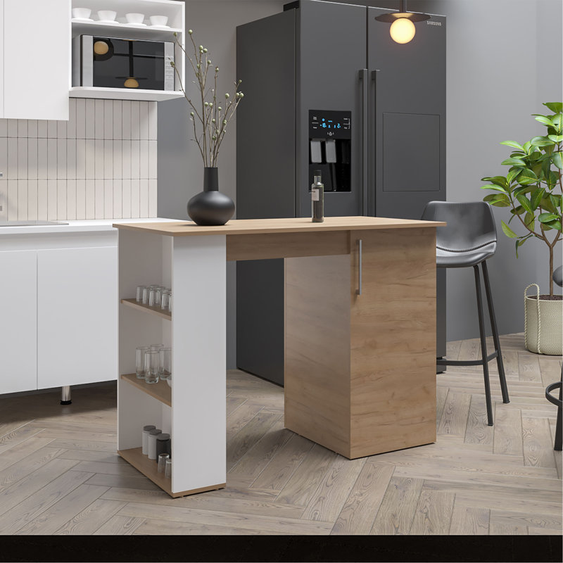 Îlot de cuisine avec armoire et cinq tablettes, table de bar et table de salle à manger. Table bistro blanche / chêne naturel