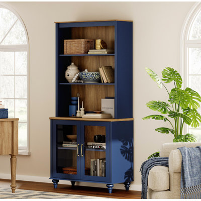 Corretta 5-Tier Bookcase With Glass Doors And Adjustable Shelf, Navy Blue