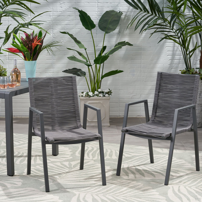 Chaise de salle à manger d'extérieur moderne en aluminium avec siège en corde (ensemble de 2), Gris foncé