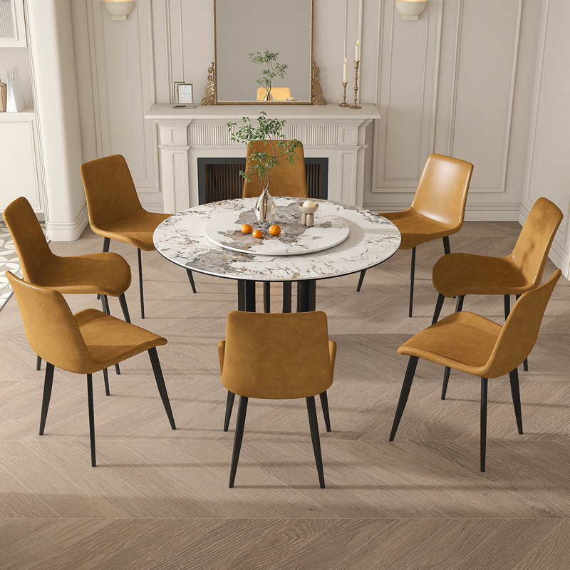 Table de salle à manger ronde en fritté de 53 po avec base en acier au carbone noir et plateau tournant de 31,5 po pour la cuisine et la salle à manger (8 chaises)