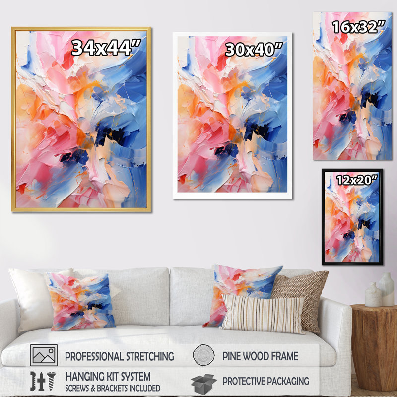 Fusion rose, bleu et fleurs I, H 32 po x l 24 po x P 1 po, Cadre flottant doré
