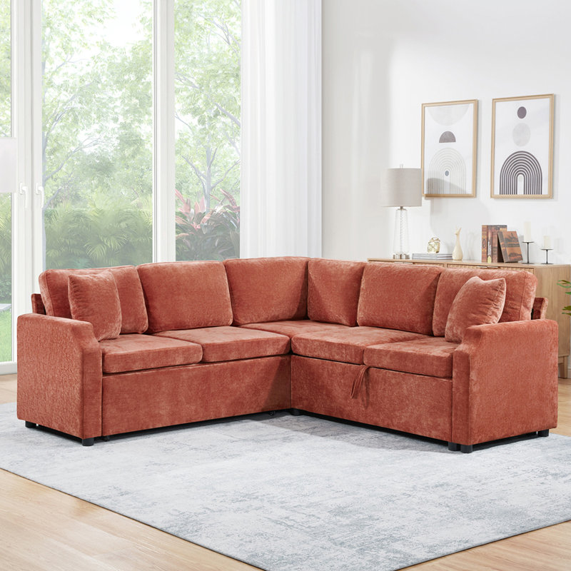 Canapé modulaire Canapé-lit modulaire en L de 81,9 po avec canapé-lit et compartiment de rangement dissimulé, Chenille orange
