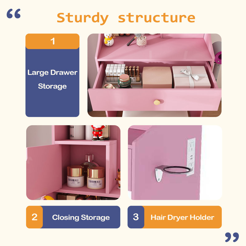 3-Color LED Vanity Mirror With Stool, Dressing Table For Bedroom, 2 Drawers & 5 Storage Cabinets (4 Open + 1 Hidden), Adjustable Lighting