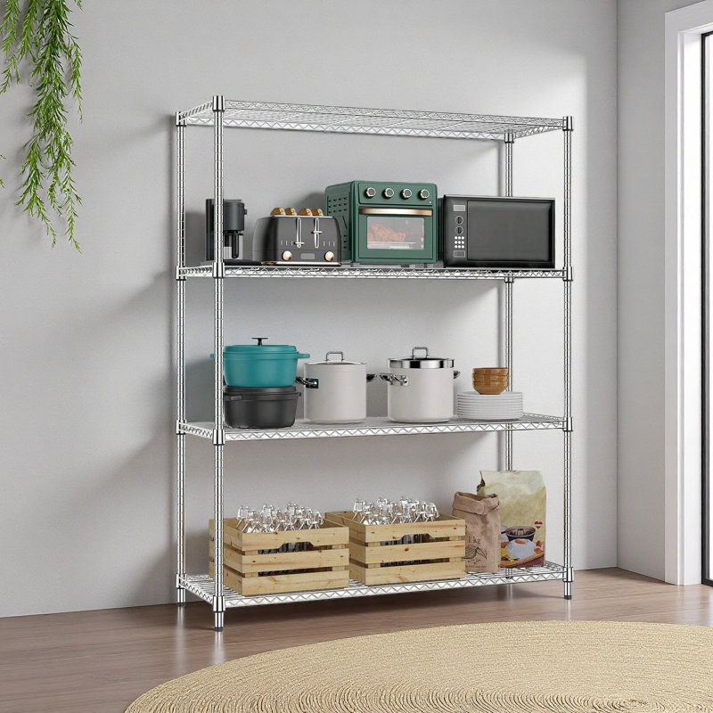 Étagère de rangement à 5 tablettes de 1400 lb, étagère grillagée en métal robuste, étagère de garage réglable pour garde-manger (chrome, 4 niveaux, P 15,8 po x l 45,3 po x H 59,4 po)