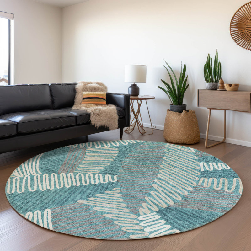 Premium Machine Washable Prisco Teal Rug, Round 8'