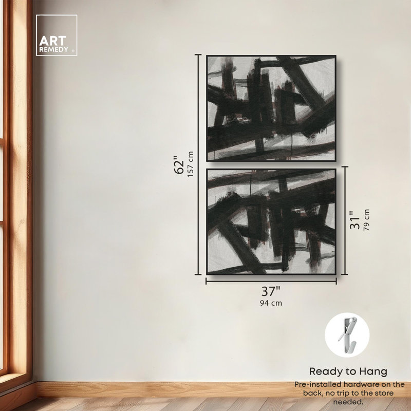 «Grunge Outline Set», ensemble de 2 toiles abstraites par Art Remedy, Cadre flottant noir, H 30 po x l 36 po