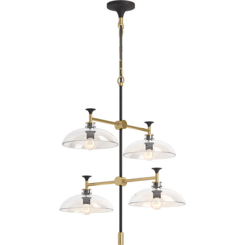 Tone 4 Light Chandelier with Domed Glass Shades, 24" Length, Black/Brass