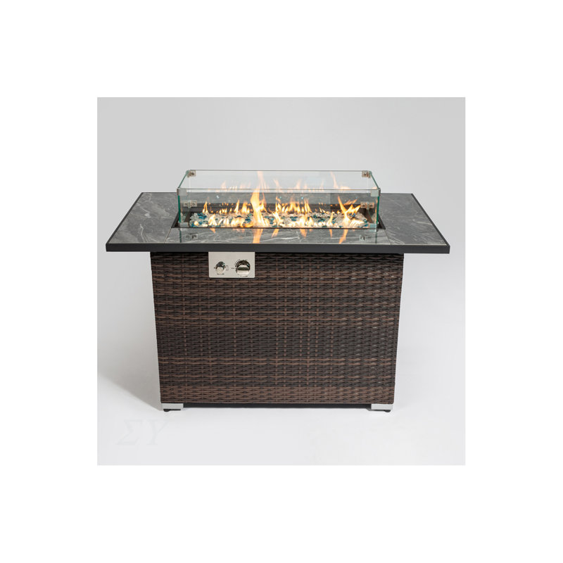 44" Propane Gas Fire Pit Table, 50000 BTU Rectangular Fire Pit, Tile Tabletop with Beautiful Wicker Base for Outside Patio Deck Garden Courtyard