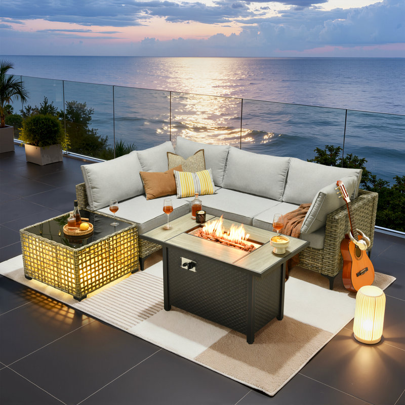Ensemble de conversation modulaire en osier pour 4 personnes avec table basse lumineuse, ensemble de conversation moderne en rotin avec coussins Emroy